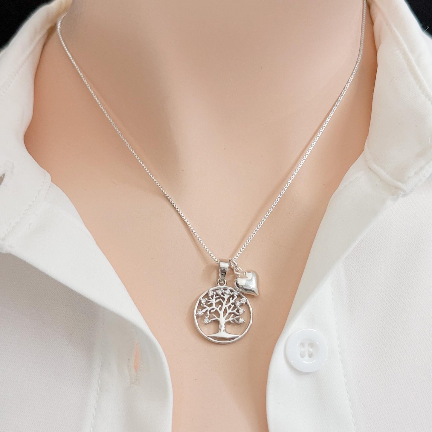 Tree of Life Necklace, Sterling Silver Family Pendant with Heart Charm