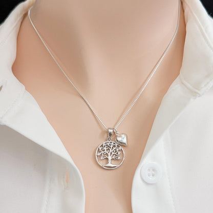Tree of Life Necklace, Sterling Silver Family Pendant with Heart Charm