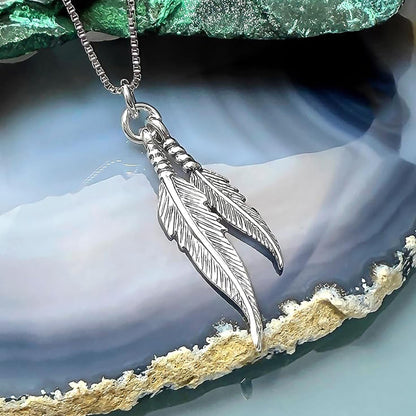 A silver pendant necklace with two feather-like pendants is displayed against a blue and green background.