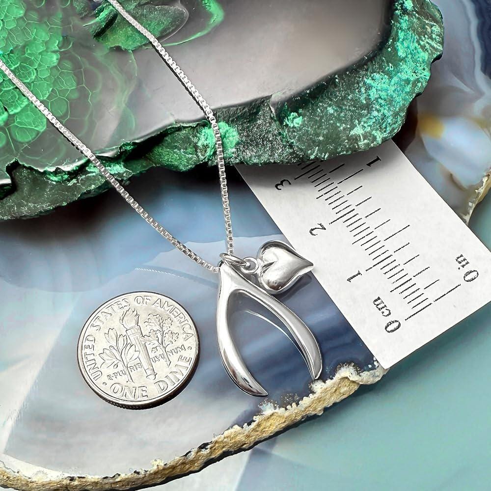 a silver necklace with a pendant, a coin, and a ruler placed on a green and blue background.
