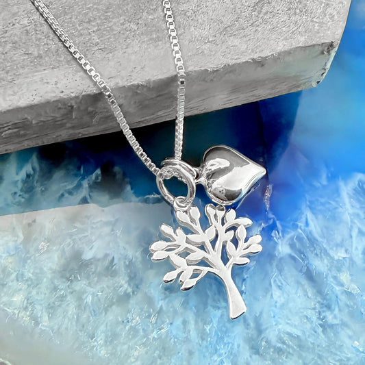 Sterling Silver Tree of Life Necklace with Puffed Heart Charm, Mom Birthday Gift Necklace, Grandmother Gift, Family Tree Necklace