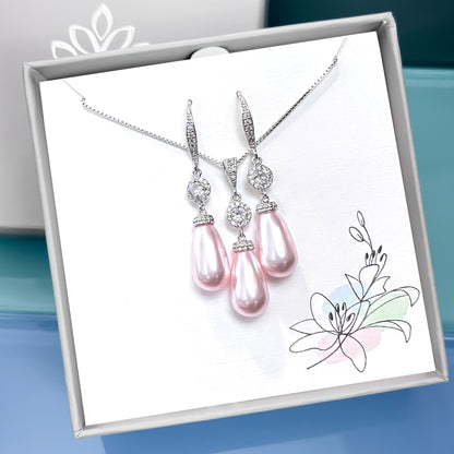 Light Pink Pearl Wedding Jewelry Set, Bridal Necklace and Earrings Set, Light Pink Pearl Wedding Jewelry, Prom Jewelry Set