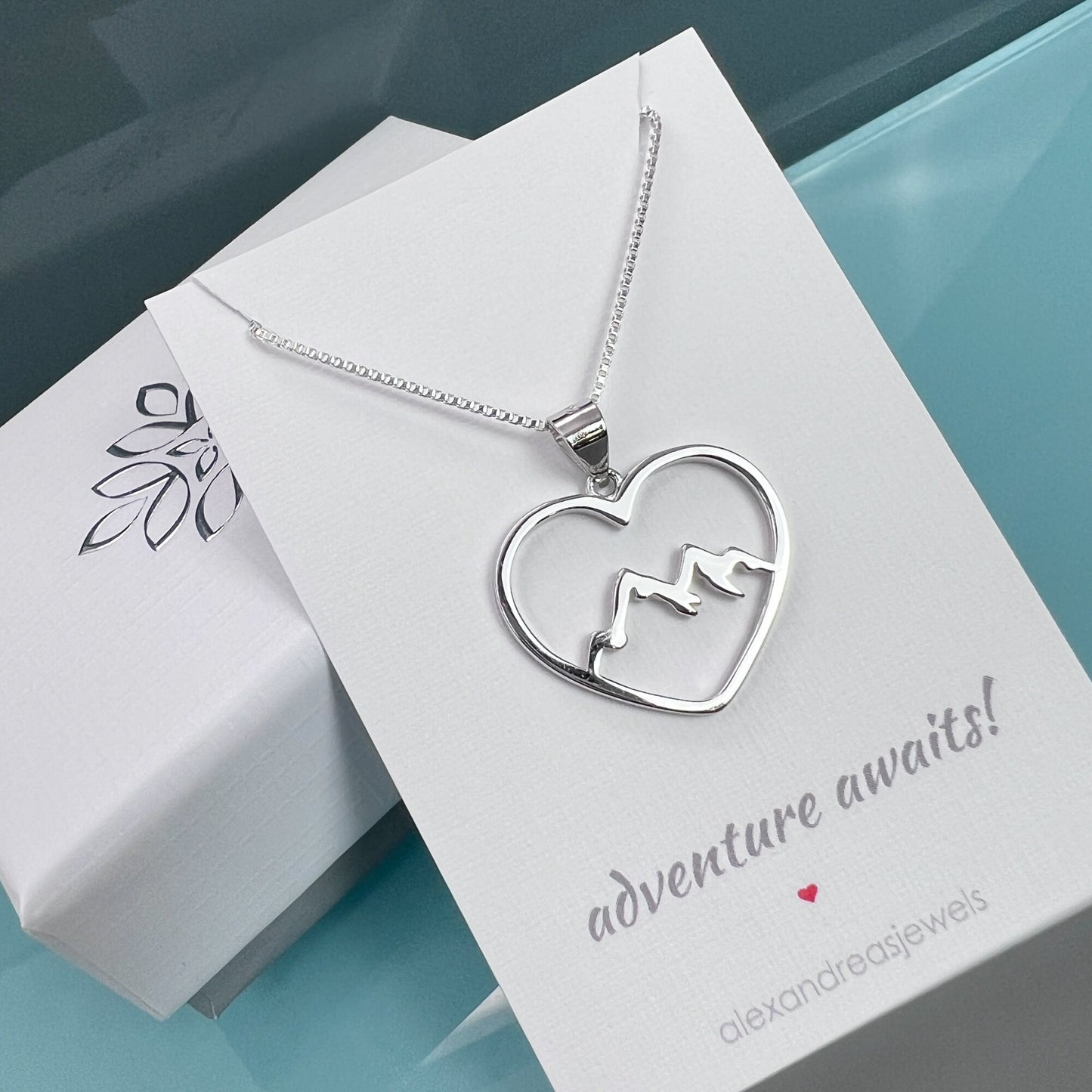 Sterling Silver  Heart Mountain Pendant Necklace, Adventure Necklace, Retirement Gift Necklace, Graduation Gift Necklace, Outdoors Necklace