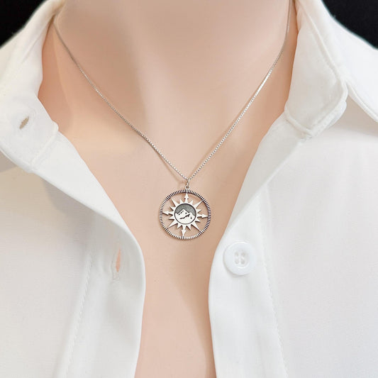 Compass Necklace, Sterling Silver Sunburst Mountain Pendant, Direction Symbol Jewelry
