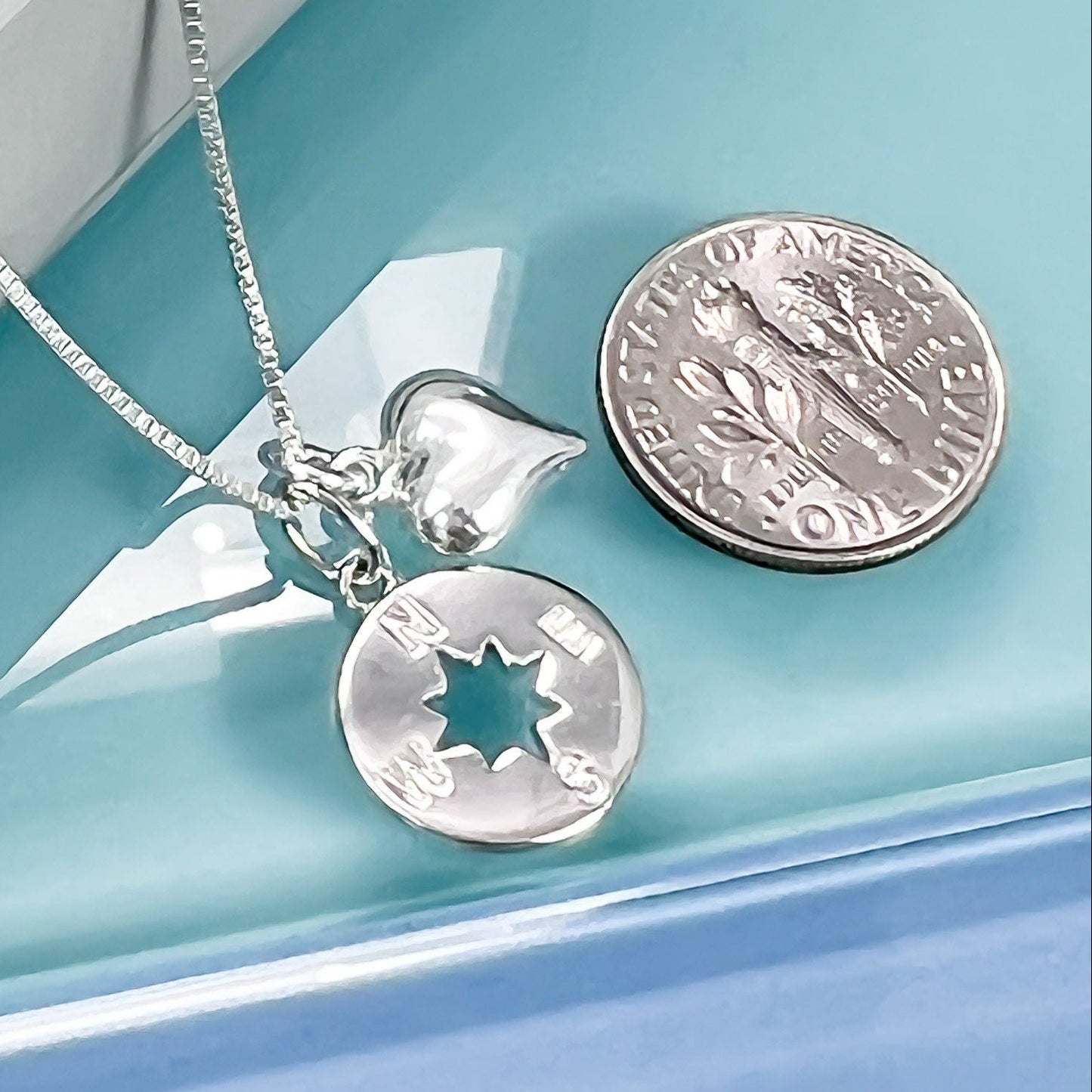 Compass and Heart Necklace, Silver Compass Pendant with Tiny Puffed Heart Charm Necklace,  Daughter Niece Granddaughter Graduation Gift