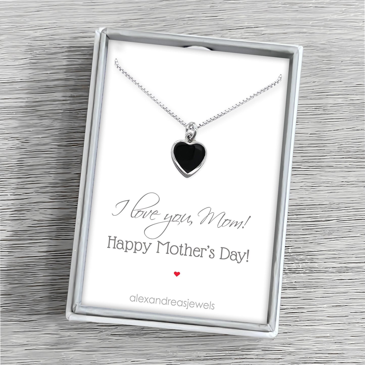Mother's Day Gift Black Onyx Heart Necklace for Women, Grandmother Gift for Mother's Day, Black Onyx Heart Sterling Silver Layering Necklace
