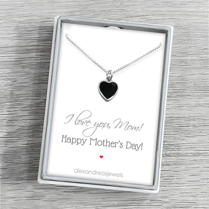 Mother's Day Gift Black Onyx Heart Necklace for Women, Grandmother Gift for Mother's Day, Black Onyx Heart Sterling Silver Layering Necklace