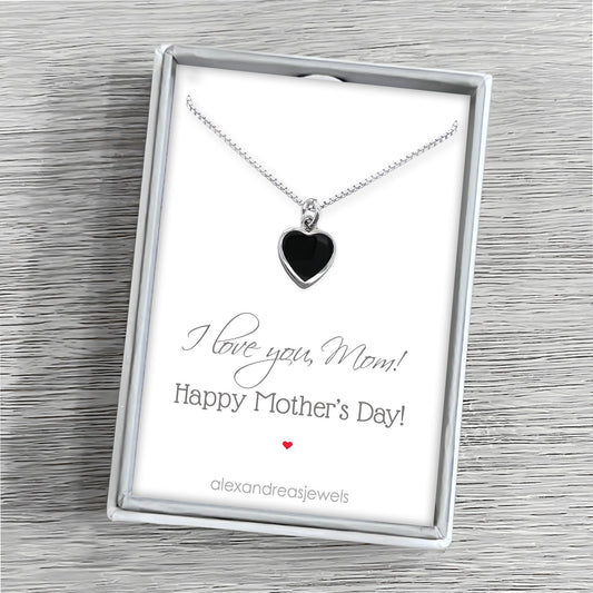 Mother's Day Gift Black Onyx Heart Necklace for Women, Grandmother Gift for Mother's Day, Black Onyx Heart Sterling Silver Layering Necklace