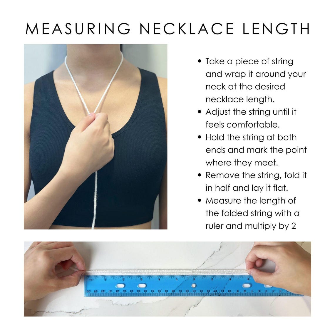 The image is a step-by-step guide on how to measure a necklace length using a string and a ruler. It shows a person wrapping a string around their neck and measuring the length of the string with a ruler.