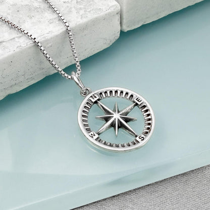 Sterling Silver Compass Necklace, North Star Pendant, Nautical Direction Jewelry Gift