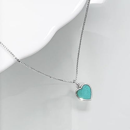 Sterling Silver Turquoise Heart Necklace for Women, 925 Silver Turquoise Heart Pendant Necklace, Layering Necklace, Birthday Gift Necklace