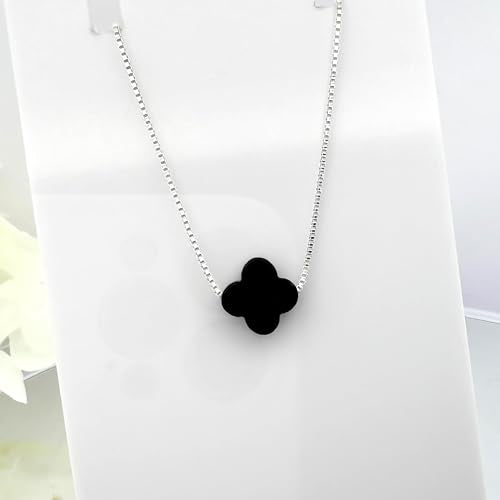 Tiny Dainty Black Onyx Four Leaf Clover Bead Necklace on Sterling Silver Chain - Birthday, Anniversary Gift for Mom Wife Girlfriend, Charm Layering Choker Necklace (18 inches)