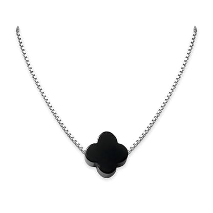 Tiny Dainty Black Onyx Four Leaf Clover Bead Necklace on Sterling Silver Chain - Birthday, Anniversary Gift for Mom Wife Girlfriend, Charm Layering Choker Necklace (18 inches)