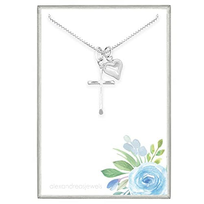 Delicate and Dainty Sterling Silver Cross Necklace with Puffed Heart Charm for Women