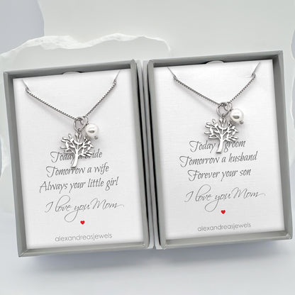 Set of 2 Sterling Silver Tree of Life Necklace, Mother of the Bride Gift from Bride, Mother of the Groom Gift from Groom