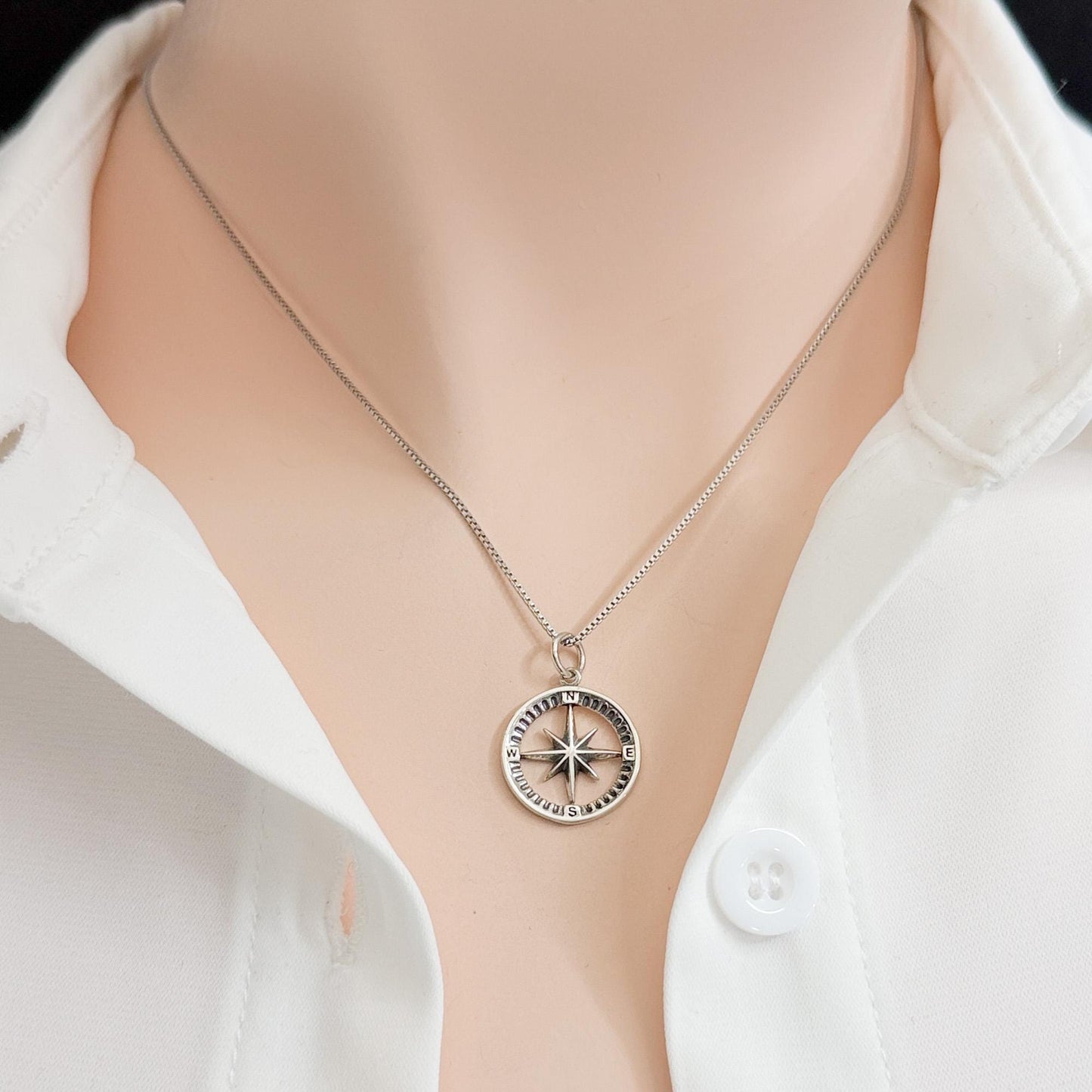 Sterling Silver Compass Necklace, North Star Pendant, Nautical Direction Jewelry Gift