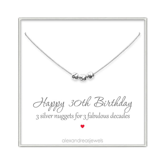 30th Birthday Gift for Women, Sterling Silver 3 Silver Nuggets Necklace, Daughter Birthday Gift, Best Friend 30th Birthday Gift Necklace