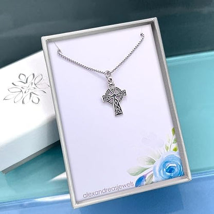 Tiny and Dainty Sterling Silver Celtic Cross Pendant Necklace for Women, Celtic Knot Cross Jewelry Religious Necklace for Teens