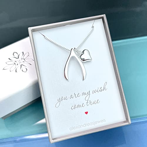 Sterling Silver Wishbone Necklace with Puffed Heart Charm, Girlfriend Gift Necklace, Daughter Birthday Gift, Wife Anniversary Gift Necklace, Wish Bone Necklace