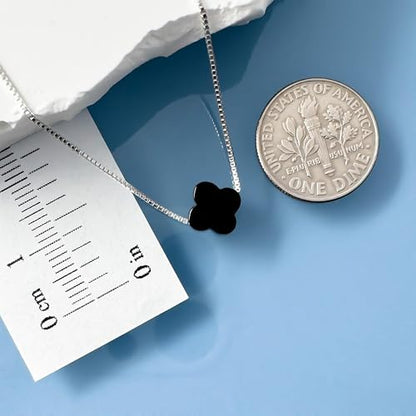 Tiny Dainty Black Onyx Four Leaf Clover Bead Necklace on Sterling Silver Chain - Birthday, Anniversary Gift for Mom Wife Girlfriend, Charm Layering Choker Necklace (18 inches)