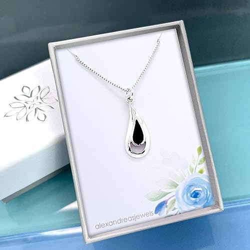 Black Onyx Teardrop Necklace for Women, Sterling Silver Tear Drop Black Onyx Pendant Necklace, Birthday or Holiday Gift for Wife, Girlfriend or Best Friend