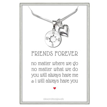 Compass Necklace for Women, Sterling Silver Compass Necklace, Friends Forever Necklace, Best Friend Graduation Going Away Gift, Farewell Gift Necklace for Friends