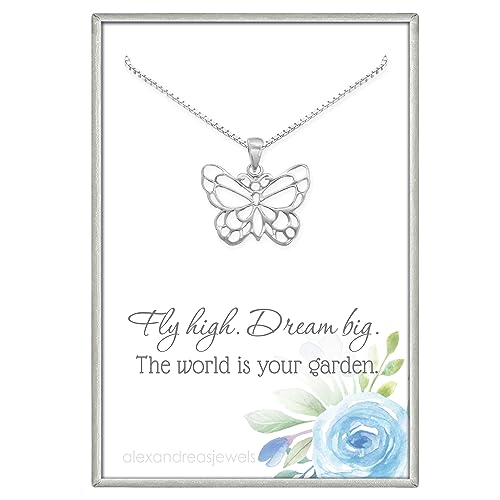 Sterling Silver Butterfly Motivational Inspirational Birthday or Graduation Gift Necklace for Women and Teen Girls