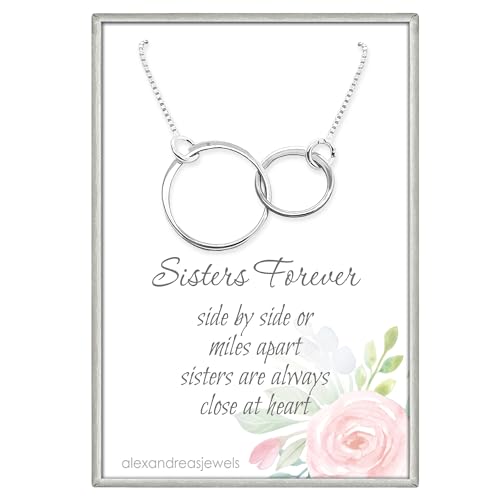 Double Ring Necklace, 925 Sterling Silver Two Interlocking Circles, Mother Daughter Best Friend Birthday, Mother's Day, Valentine's Day, Christmas Present (sisters forever - silver)