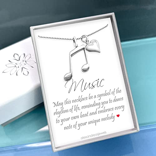 Music Note and Heart Necklace, Sterling Silver Melody Music Note Pendant and Puffed Heart Charm Necklace, Musician Music Lover Gift