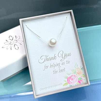 Sterling Silver Floating White Crystal Pearl Necklace, Thank You for Helping Us Tie The Knot Necklace, Bridesmaid Gift, White Pearl Necklace, Bridal Party Jewelry