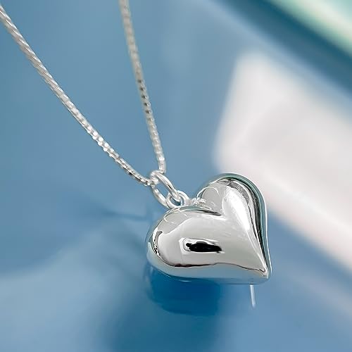 Large Sterling Silver Heart Necklace, Puffed Heart Pendant Necklace, Perfect Gift Birthday Christmas Mother's Day Gift for Wife, Daughter or Mom