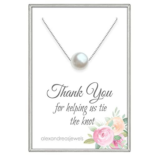 Sterling Silver Floating White Crystal Pearl Necklace, Thank You for Helping Us Tie The Knot Necklace, Bridesmaid Gift, White Pearl Necklace, Bridal Party Jewelry