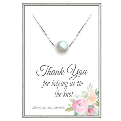 Sterling Silver Floating White Crystal Pearl Necklace, Thank You for Helping Us Tie The Knot Necklace, Bridesmaid Gift, White Pearl Necklace, Bridal Party Jewelry