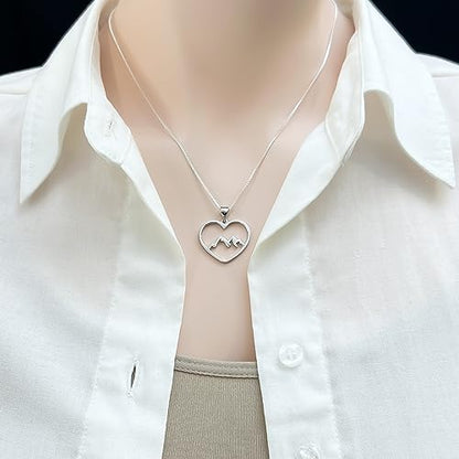 Heart Mountain Range Necklace, 925 Sterling Silver Mountain Necklace for Women, Birthday and Travel Gift for Outdoor Lovers and Nature Lovers