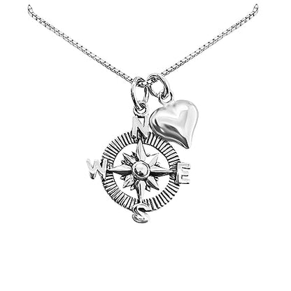 Sterling Silver Compass Necklace for Women, Silver Compass Necklace with Heart Charm, Wife Gift Necklace, Anniversary, Girlfriend Birthday Gift, Best Friend Necklace