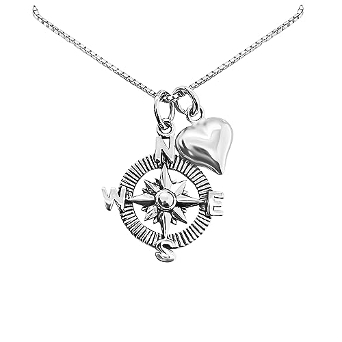 Sterling Silver Compass Necklace for Women, Silver Compass Necklace with Heart Charm, Wife Gift Necklace, Anniversary, Girlfriend Birthday Gift, Best Friend Necklace