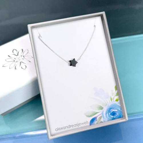 Tiny Delicate and Dainty Sterling Silver Black Onyx Star Necklace, Birthday Gift Necklace, Floating Star Necklace, Black Onyx Necklace, Black Star Choker Necklace