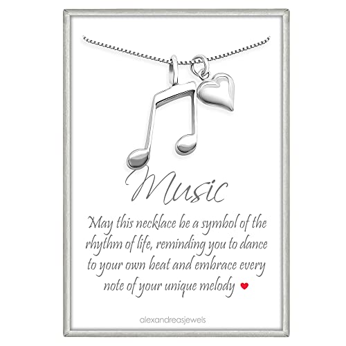 Music Note and Heart Necklace, Sterling Silver Melody Music Note Pendant and Puffed Heart Charm Necklace, Musician Music Lover Gift