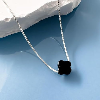 Tiny Dainty Black Onyx Four Leaf Clover Bead Necklace on Sterling Silver Chain - Birthday, Anniversary Gift for Mom Wife Girlfriend, Charm Layering Choker Necklace (18 inches)