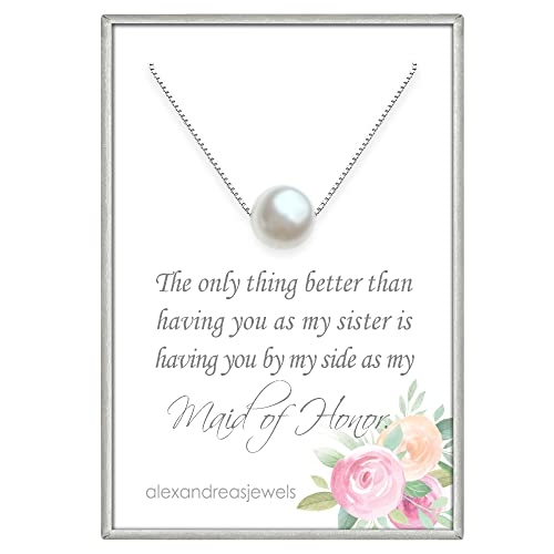 Sterling Silver Floating White Crystal Pearl Necklace, Sister Maid of Honor Gift Necklace, White Pearl Necklace, Bridal Party Jewelry