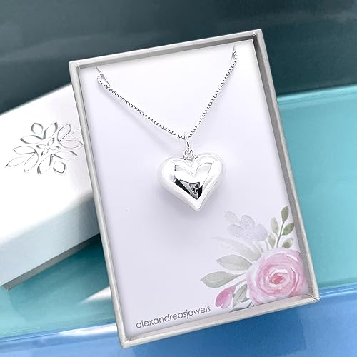 Large Sterling Silver Heart Necklace, Puffed Heart Pendant Necklace, Perfect Gift Birthday Christmas Mother's Day Gift for Wife, Daughter or Mom