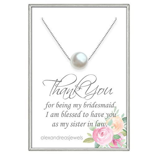 Sterling Silver Floating White Crystal Pearl Necklace, Sister in Law Bridesmaid Necklace, Bridesmaid Gift, White Pearl Necklace, Bridal Party Jewelry