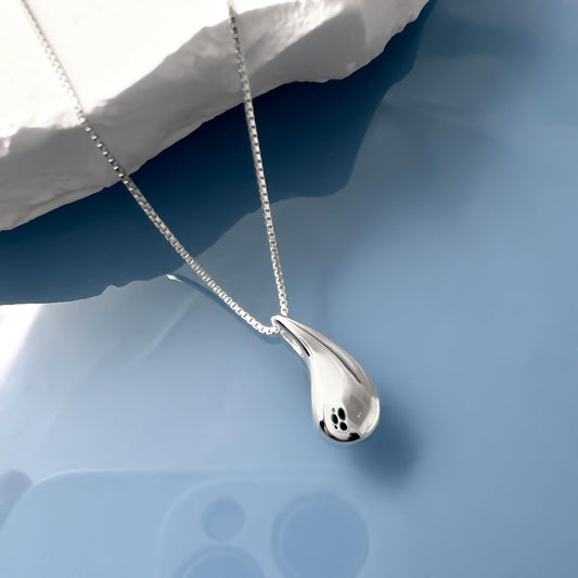 A silver necklace with a pendant is shown against a blue background.