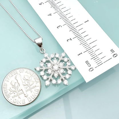 Sterling Silver Snowflake Pendant Necklace with Cubic Zirconia Crystals, Winter Jewelry, Christmas Holiday Present