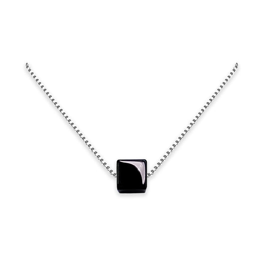 Tiny and Dainty Sterling Silver Black Onyx Cube Choker Necklace, Black Onyx Necklace for Women, Layering Necklace, Black Cube Necklace