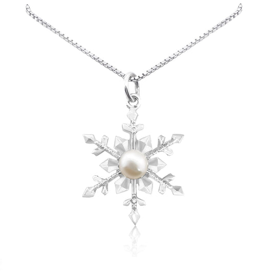 Sterling Silver Snowflake Necklace with Freshwater Pearl for Women, Holiday Present, Christmas Gift Necklace for Her