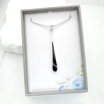 Sterling Silver Long Drop Black Onyx Necklace for Women, Black Onyx Pendant Necklace, Girlfriend Gift Wife Gift Necklace