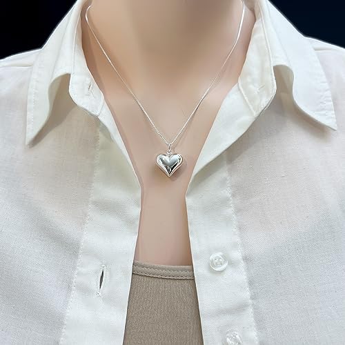 Large Sterling Silver Heart Necklace, Puffed Heart Pendant Necklace, Perfect Gift Birthday Christmas Mother's Day Gift for Wife, Daughter or Mom