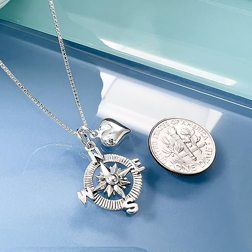 Sterling Silver Compass Necklace for Women, Silver Compass Necklace with Heart Charm, Wife Gift Necklace, Anniversary, Girlfriend Birthday Gift, Best Friend Necklace