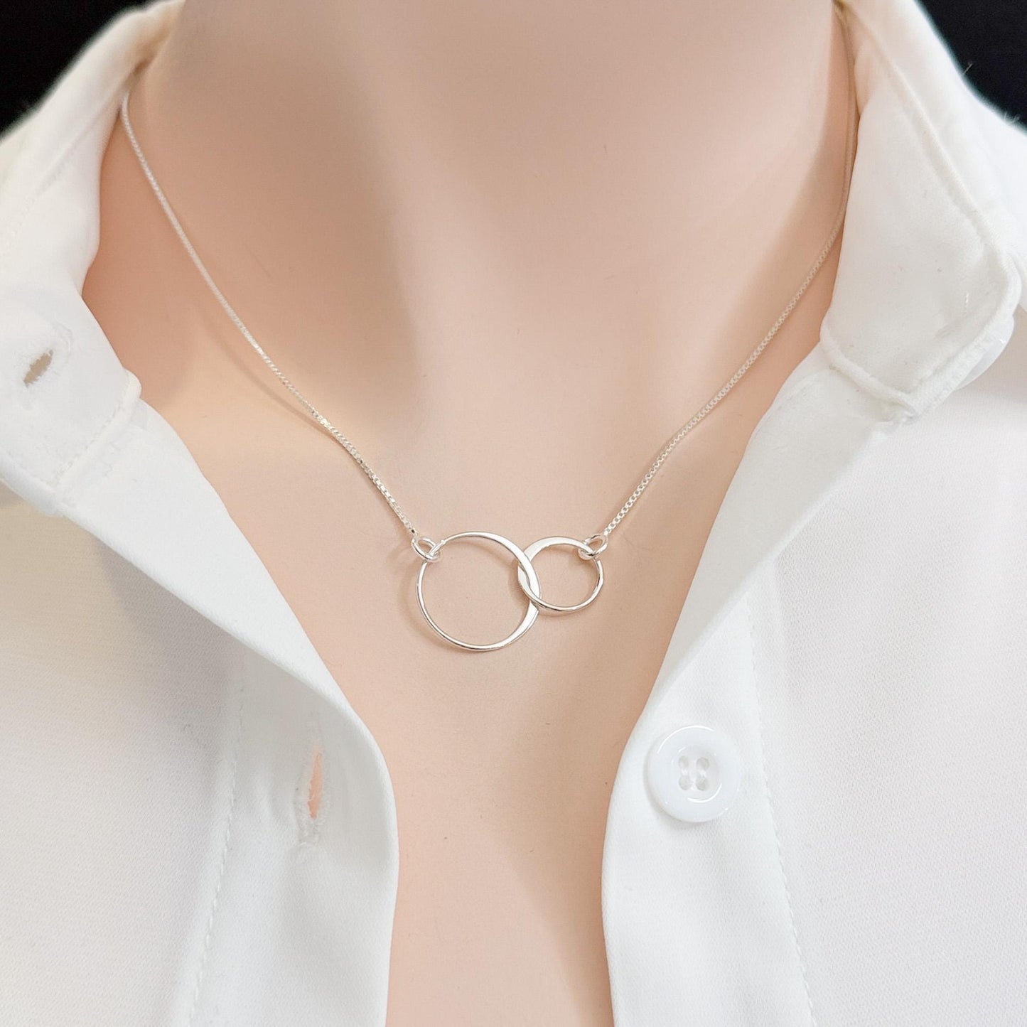 Interlocking Circle Necklace, Sterling Silver Double Ring Pendant Necklace, Two Circle Jewelry